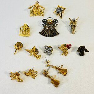 Angel Religious Pin Brooch Earrings Lot Gold-Tone Avon JJ Jonette